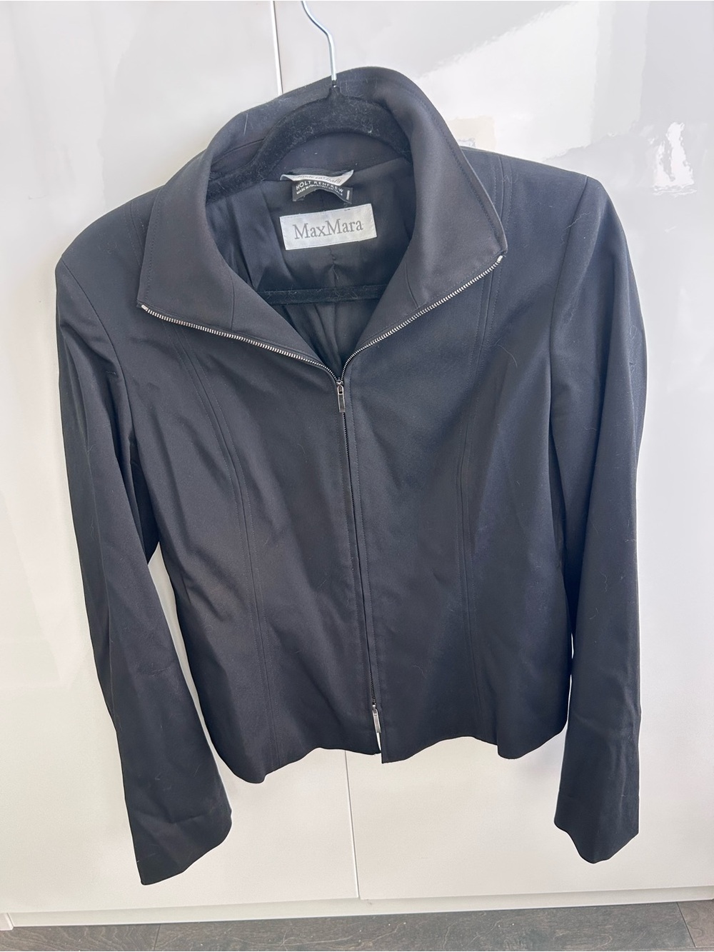 MaxMara Black Zip-Front Blazer Jacket Ruffled Back Size 6